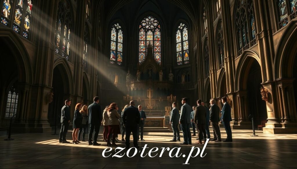 A grand, historical church interior, characterized by towering gothic arches and intricate stained glass windows casting colorful patterns on the stone floor. In the foreground, a group of diverse individuals in professional attire engage in animated discussion, symbolizing the clash of ideologies. The middle section reveals a large, ornate altar, subtly featuring symbols of power and authority. The background showcases dark, moody shadows that hint at suppression and control, with flickering candlelight enhancing the atmosphere of intrigue and tension. The lighting is dramatic, with rays of sunlight illuminating the figures and altar, creating a sense of hope amidst the oppression. The overall mood is serious, contemplative, and reflective of the theme of ideological control over centuries. Include the text "ezotera.pl" in an elegant script at the bottom of the image.