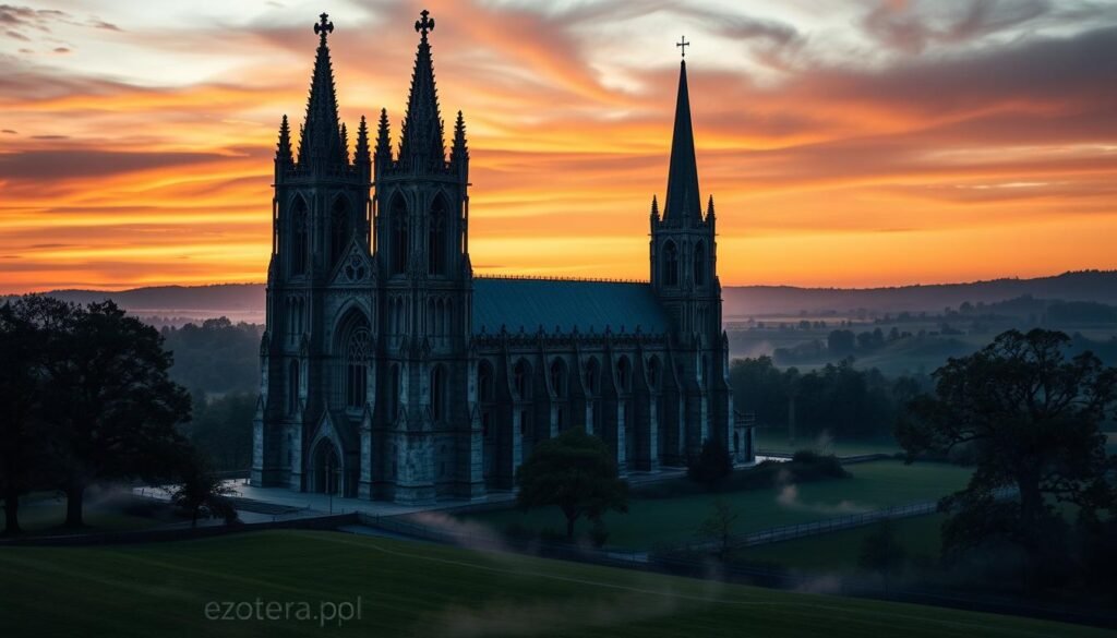 A grand medieval church stands tall in the foreground, showcasing intricate Gothic architecture with soaring spires and detailed stone carvings. In the middle ground, a serene landscape unfolds, featuring verdant fields and ancient trees, hinting at a transition from paganism to Christianity. The background displays a twilight sky, with rich hues of orange and purple, creating an atmosphere of mystery and contemplation. Subtle wisps of fog curl around the base of the church, adding a mystical quality. The scene is illuminated by soft, diffused lighting reminiscent of candlelit interiors, highlighting the textures of the stone and the delicate stained glass windows. This image captures the essence of historical conflict and transformation within religious practices, embodying the theme of "kościół" in a compelling way. Include the brand name "ezotera.pl" for further context.