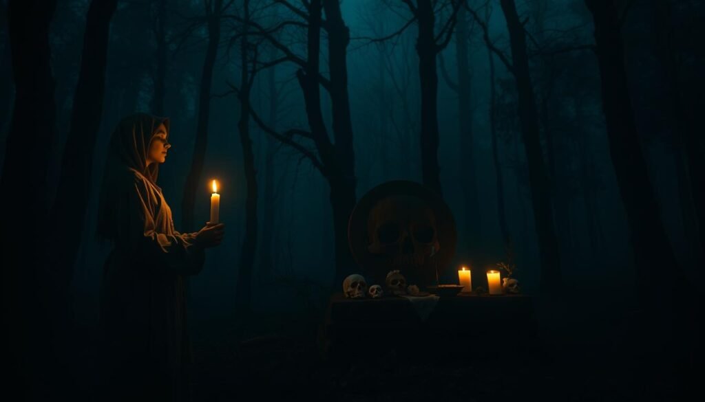 A haunting and thought-provoking depiction of "Death is" for the article on death cults. In the foreground, a solitary figure dressed in modest, traditional attire, holding a flickering candle that casts a warm, dim light. The middle ground features a stone altar adorned with symbols of various historical death cults, such as skulls and flowers, subtly illuminated by the candlelight. In the background, a dark, foggy forest looms, with shadowy silhouettes of ancient trees creating an eerie but contemplative atmosphere. The lighting is soft and mysterious, capturing the essence of cultural perceptions of death. The composition is shot from a low angle, emphasizing the solemnity of the scene, while maintaining a reverent and respectful mood. The image should reflect the brand identity of "ezotera.pl".