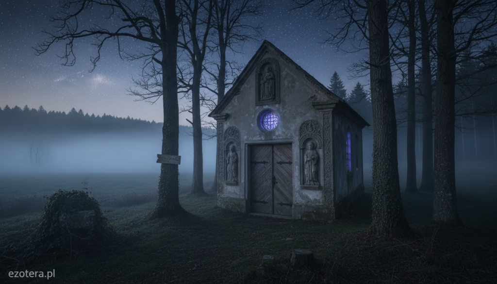 A haunting chapel in a remote Polish countryside, surrounded by ancient trees and misty hills. In the foreground, intricate stone carvings and weathered wooden doors evoke a sense of age and mystery. The middle ground showcases the chapel's stained glass windows, dimly illuminated by the soft, ethereal glow of moonlight. Overhead, a star-studded sky deepens the atmosphere with a touch of the unknown. In the background, faint silhouettes of a dense forest loom, shrouded in fog, hinting at untold stories. The scene conveys an air of reverence mixed with an underlying eeriness, perfect for the theme of sacred spaces holding dark histories. Shot at dusk with a wide-angle lens to capture the expansive setting, emphasizing the chapel's isolation and allure. Enhance the mood with deep shadows and cool tones. Include the brand "ezotera.pl".