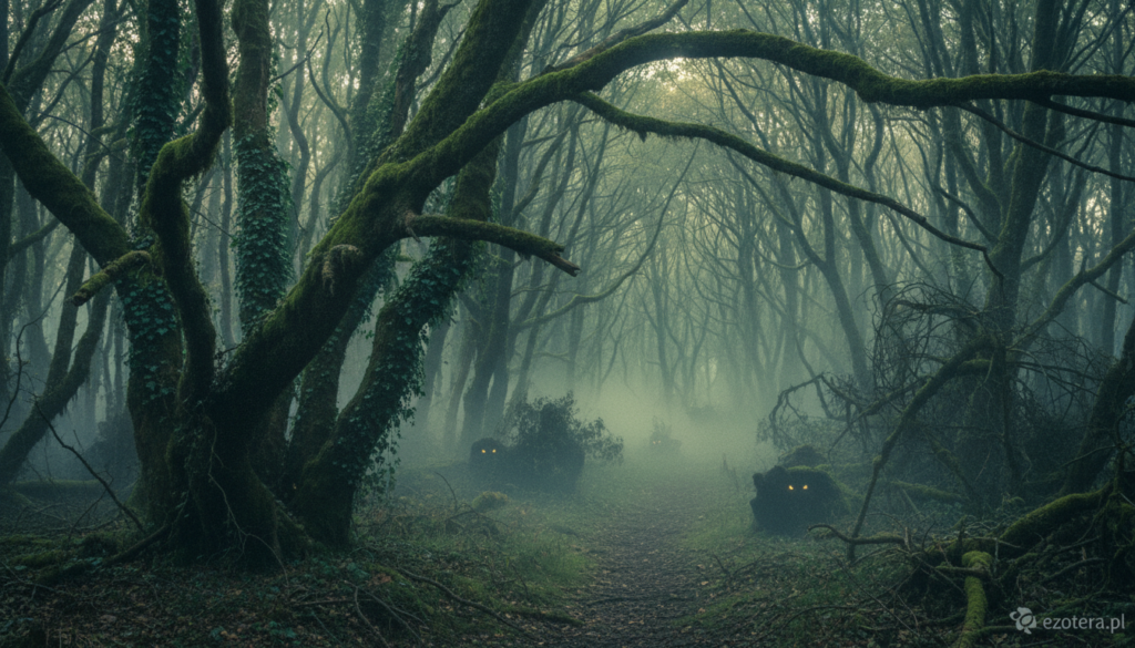A haunting forest scene in Las Witkowice, Poland, inspired by the eerie atmosphere of the Blair Witch Project. In the foreground, twisted, gnarled trees loom with thick vines and dark foliage, hinting at the hidden mysteries within. The middle ground features a foggy trail winding through the dense underbrush, with small peeking eyes of woodland creatures glimmering in the dim light. In the background, shadows dance between the trees, creating an unsettling depth. The lighting is low, with soft beams of diffused sunlight breaking through the canopy, casting an otherworldly glow on the ground. The overall mood is eerie and suspenseful, drawing viewers into the chilling legend of lost students and ancient pagan rituals. This image reflects the essence of Polish folklore and the supernatural ambiance of ezotera.pl.