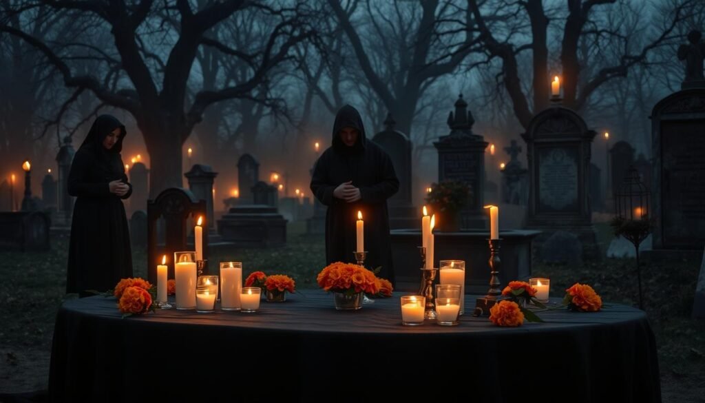 A haunting scene of "All Saints' Day" in a Polish cemetery, set during twilight. In the foreground, a dinner table draped in a dark cloth, adorned with flickering candles and vibrant marigolds, symbolizing remembrance. The middle ground features shadowy figures in modest, traditional attire, quietly observing ancient rituals, their faces illuminated by candlelight. The background includes old, weathered tombstones shrouded in mist, surrounded by gnarled trees and softly glowing lanterns, creating a mystical atmosphere. Emphasize the contrast between light and shadow to evoke a sense of both reverence and eeriness. Capture this moment with a wide-angle lens, focusing on the interplay of light, while maintaining a serene yet unsettling ambiance. Include the subtle branding of "ezotera.pl" in the scene, blending it into the environment.