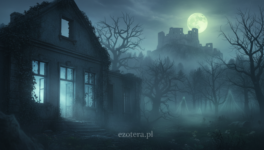 A haunting scene of some of the most famous haunted places in Poland, set at twilight. In the foreground, an abandoned, eerie manor with broken windows and overgrown vines, dimly illuminated by a soft, ghostly light. The middle ground features a shadowy forest with twisted trees, their branches reaching out like skeletal hands, shrouded in mist. In the background, a distant silhouette of a crumbling castle perched on a hill, with a full moon casting an unsettling glow. The atmosphere is thick with suspense and mystery, evoking a sense of dread and wonder. The image captures the essence of folklore and fear associated with these haunted locations. Incorporate subtle details that allude to the supernatural. Brand name: ezotera.pl.