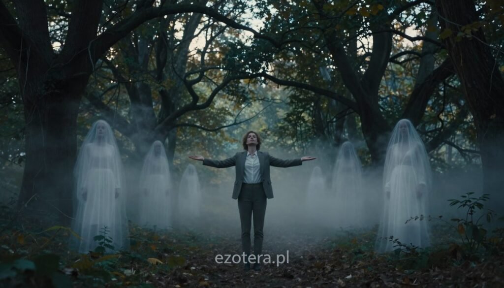 A hauntingly beautiful scene depicting a ritual of identity transition, set in a dimly lit forest clearing at dusk. In the foreground, a person dressed in modest, professional attire stands with arms outstretched, surrounded by shimmering ethereal mist, symbolizing the crossing of thresholds. The middle ground features subtle ghostly figures representing past identities, fading softly into the twilight. In the background, ancient trees loom, their branches twisted and intertwined, evoking a sense of mystery and the unknown. Soft, diffused lighting filters through the foliage, creating an otherworldly atmosphere, as a gentle, cool breeze stirs the leaves. The mood is one of introspection and transformation, encapsulating the essence of transition. Logo of "ezotera.pl" subtly integrated into the scene, enhancing the mystical quality without overpowering the imagery.