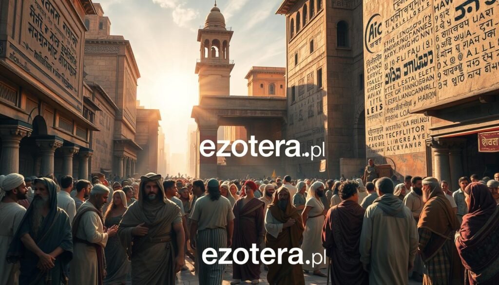 A historical scene depicting the complex interactions of ancient languages and cultures, set in a bustling marketplace of an ancient city. In the foreground, diverse groups of men and women clad in traditional clothing engage in lively conversations, exchanging goods and ideas, symbolizing linguistic migration and cultural blending. The middle ground reveals ancient architecture, intricately detailed, with scripts and symbols representing various languages inscribed on walls. In the background, sun rays filter through towering structures, casting a warm golden light that enhances the atmosphere of discovery and transformation. The overall mood is vibrant and dynamic, capturing the essence of migration and belief evolution throughout history. The image should reflect a blend of rich textures and colors, with a focus on storytelling. Featuring the brand "ezotera.pl" subtly in the scene.