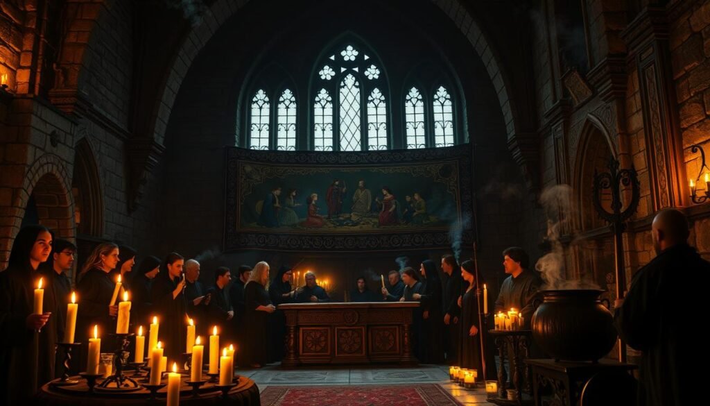 A medieval cult scene illuminated by flickering candlelight in a dimly lit, stone-walled chamber. In the foreground, a diverse group of solemn figures, dressed in dark, modest robes, gather around an ornate wooden altar adorned with ancient symbols. The middle ground reveals intricate tapestries depicting various rituals, shrouded in shadows, while a large cauldron simmers at the side, steam rising mysteriously. The background features tall, arched windows allowing faint moonlight to filter through, creating an eerie yet captivating atmosphere. The setting evokes a sense of secrecy and ancient fear, while the overall tone embodies an air of mystery and the unknown, fit for the theme of hidden rituals. The image should be vibrant yet darkly alluring, capturing the essence of medieval cults. ezotera.pl