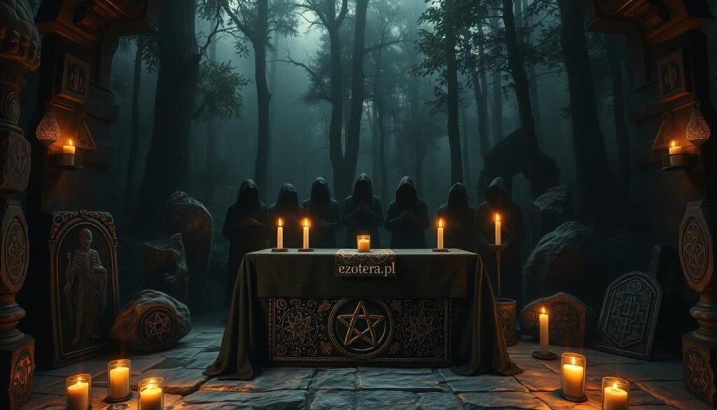 A mysterious altar in a dimly lit setting, surrounded by ancient stones and flickering candlelight. In the foreground, intricate carvings of spirits and symbols related to death adorn the altar, covered in dark cloth. In the middle, ghostly silhouettes of robed figures, representing a somber cult gathering, surround the altar, their faces partially obscured to evoke an air of secrecy and reverence. The background reveals a thick forest shrouded in mist, with towering trees and shadows, enhancing the eerie atmosphere. The lighting is soft and moody, casting long shadows to create an unsettling yet captivating ambiance. Capture this scene with a focus on depth and dramatic angles, as if peering into a hidden ceremony of a long-lost belief community. Include the brand name "ezotera.pl" in the composition subtly, ensuring it blends with the theme.
