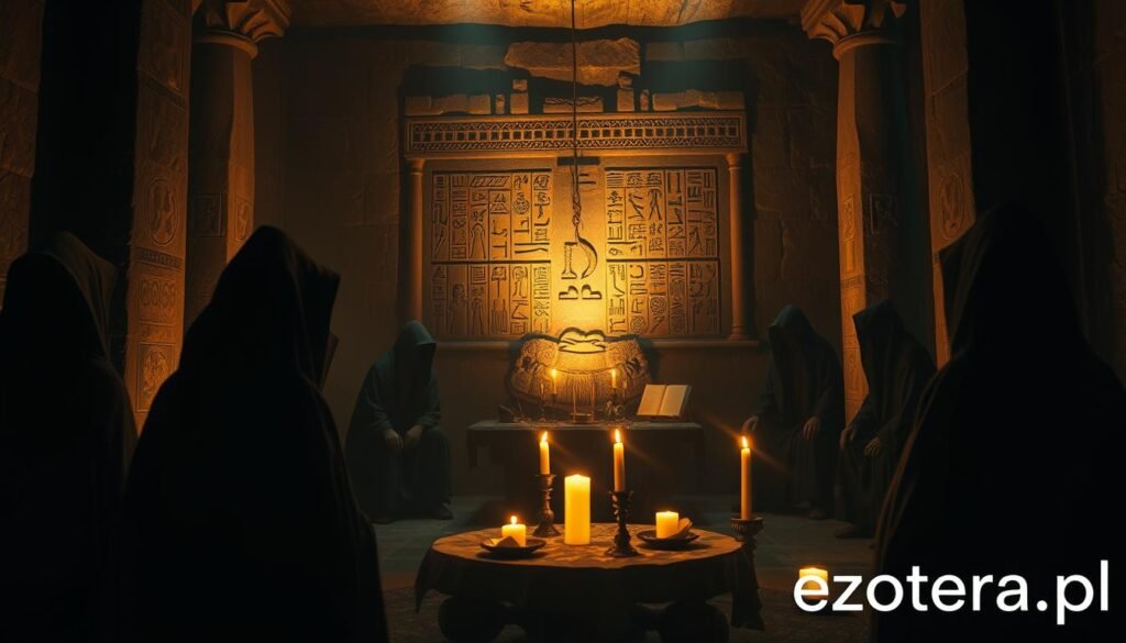 A mysterious, ancient ritual scene depicting a secret cult in a dimly lit underground chamber. In the foreground, hooded figures, dressed in flowing robes, encircle a flickering candle-lit altar adorned with symbolic artifacts, such as ancient scrolls and mystical objects. In the middle ground, an ornate stone wall displays faded hieroglyphics and intricate carvings that tell stories of life, death, and transcendence. The background subtly reveals the silhouettes of towering stone pillars, partially shrouded in shadows, with eerie green and gold lighting casting a mystical glow across the scene. The atmosphere is heavy with intrigue and reverence, inviting the viewer to contemplate the ancient search for meaning. The image should have a cinematic depth of field, captured as if through a 24mm lens. Branding: ezotera.pl.