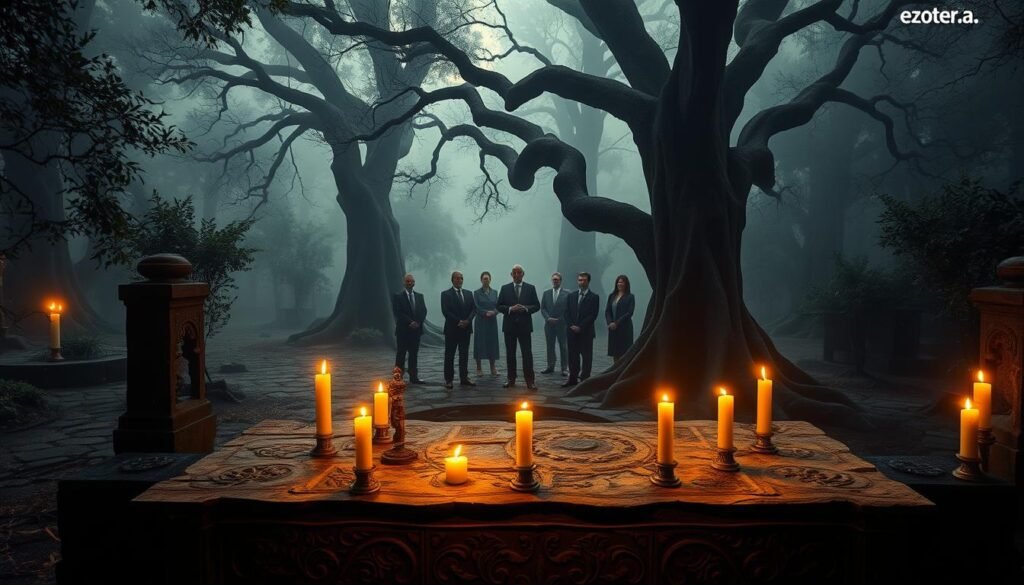 A mysterious ancient ritual site, nestled within a dense, fog-laden forest. In the foreground, a weathered stone altar adorned with intricate carvings, surrounded by flickering candles casting warm, golden light. Shadows dance along the surface of the altar, creating an eerie yet inviting ambiance. In the middle ground, figures in professional business attire gather solemnly, their expressions contemplative, as they engage in a ceremonial act of communion with nature. The background reveals towering trees, their branches entwined like guardian spirits, shrouded in mist, enhancing the supernatural atmosphere. The scene is illuminated by soft, diffused moonlight filtering through the foliage, casting ethereal glows. Overall, the image should evoke a sense of reverence and introspection, emphasizing the weight of history and the importance of interpretation. Include the brand name "ezotera.pl".