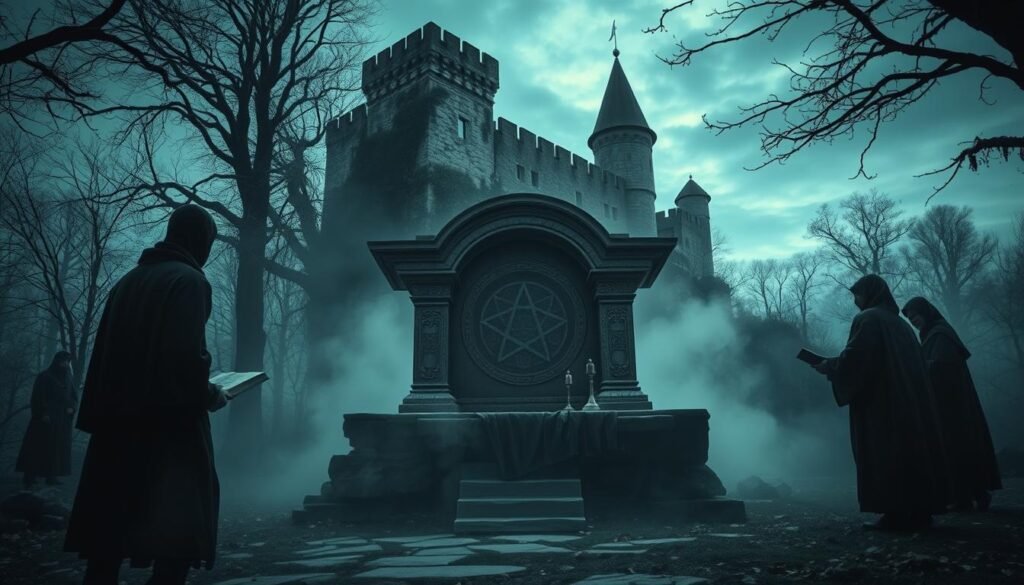 A mysterious and atmospheric scene depicting the concept of "forbidden cults in Europe." In the foreground, a shadowy figure in modest clothing, holding an ancient book, stands before a weathered stone altar adorned with esoteric symbols. The middle ground features an ancient forest shrouded in fog, with faint hints of other participants in traditional attire, gathering around the altar, their faces obscured. The background reveals a crumbling medieval castle partially hidden by creeping vines under a dim, twilight sky, casting an eerie glow. The lighting is dramatic, with a soft, ethereal quality emanating from the altar, emphasizing the scene’s secrecy and allure. The atmosphere is thick with tension and intrigue, inviting viewers to explore hidden knowledge associated with these arcane traditions. The image should evoke the profound mysteries of the past, aligned with the theme of esoteric practices. Include the brand name "ezotera.pl" subtly integrated within the natural elements.