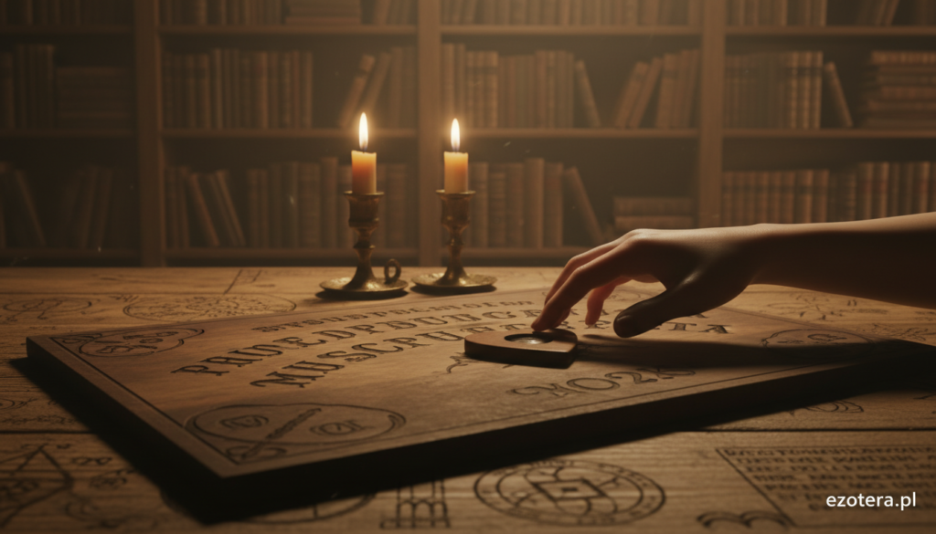 A mysterious and atmospheric scene showcasing a Ouija board placed on a rustic wooden table, illuminated by soft, flickering candlelight. In the foreground, a delicate hand, wearing a simple silver ring, lightly touches the planchette, emphasizing the tension between curiosity and caution. In the middle ground, various mystical symbols and ancient texts are subtly incorporated into the table's surface, hinting at the spiritual connection. The background features shadowy silhouettes of bookshelves filled with philosophical and scientific literature, blending the worlds of mysticism and rationality. The overall mood is enigmatic yet inviting, conveying a balance between skepticism and intrigue. The scene is captured with a warm, focused lens effect, creating a sense of intimacy and exploration. This image represents the scientific inquiry into the unknown, as seen in the context of ezotera.pl.
