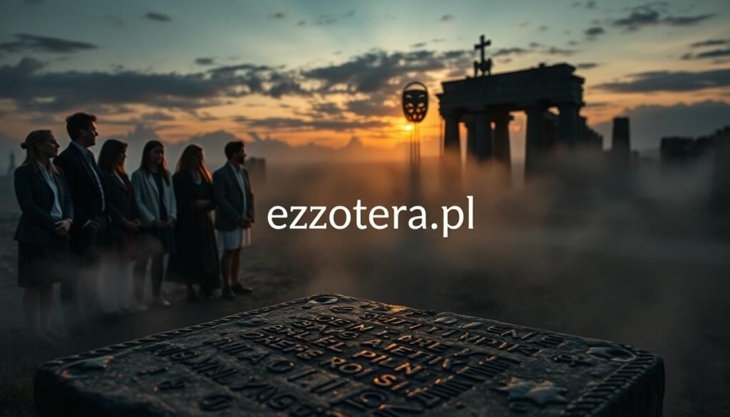 A mysterious and foreboding scene depicting the theme of "legal bans on rituals" throughout history. In the foreground, an ancient stone tablet with faded inscriptions, symbolizing historical legal prohibitions on rituals. To the left, a diverse group of people in modest, professional clothing, gazing thoughtfully at the tablet, representing the clash of cultures and beliefs. The middle ground features an ethereal mist enveloping silhouettes of forbidden ritual artifacts, such as ceremonial masks and ancient symbols. In the background, a shadowy, timeless landscape of ancient ruins under a twilight sky, casting a mystical atmosphere. Soft, diffused lighting creates a serene yet somber mood, emphasizing the gravity of historical fears surrounding these rituals. The brand name "ezotera.pl" subtly emerges through the mist, adding an air of modern context to the ancient theme.