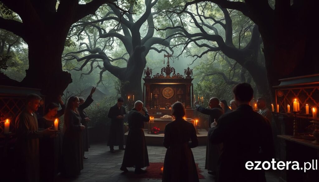 A mysterious and sacred scene depicting the essence of "zakazane ceremonie." In the foreground, a small group of people in modest, traditional clothing, engaging in a ceremonial dance under the soft glow of flickering candles. Their expressions reflect deep concentration and reverence. In the middle ground, a richly decorated altar adorned with symbolic artifacts, surrounded by lush greenery, adding an air of mystique. In the background, darkened silhouettes of ancient trees loom, their branches gently swaying, suggesting a sense of secrecy and tradition. The lighting is warm and inviting, casting long, soft shadows that create an intimate atmosphere. The image conveys a blend of reverence and enchantment, capturing the resilience of cultural practices that endure despite persecution. Captured with a wide-angle lens to emphasize the depth and richness of the scene. Include subtle branding for "ezotera.pl" seamlessly integrated into the environment.
