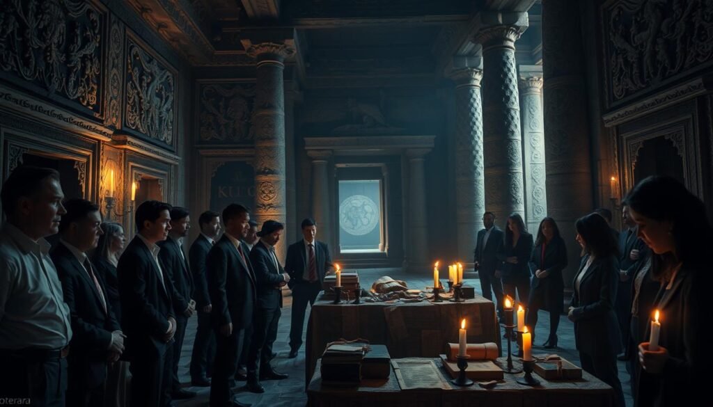 A mysterious gathering of people dressed in professional business attire, standing in a dimly lit ancient temple adorned with intricate carvings and symbols of forgotten cults. In the foreground, a diverse group of individuals, including men and women, engaged in secretive discussions, their expressions intrigue and curiosity. In the middle ground, flickering candlelight illuminates ancient artifacts and scrolls scattered on a weathered stone altar, casting dancing shadows on the walls. The background reveals tall, imposing stone pillars and arched doorways leading deeper into the temple, evoking a sense of ancient secrets waiting to be uncovered. The atmosphere is tense yet captivating, with a soft, ethereal glow suggesting the presence of unseen forces. Ideal for ezotera.pl.