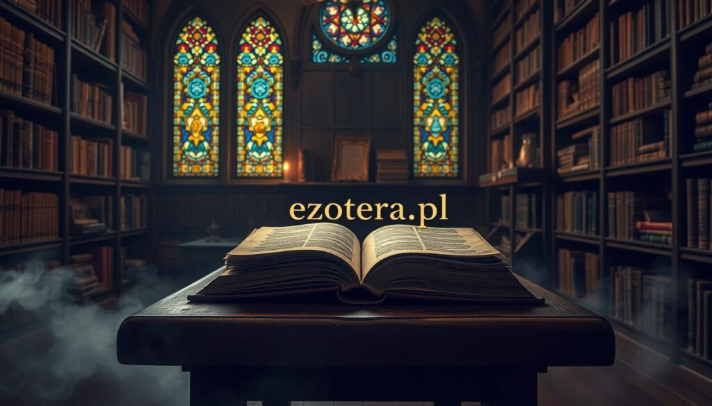 A mysterious library filled with ancient texts and symbols, representing concealed knowledge and esoteric rituals. In the foreground, a well-worn wooden table holds an ornate, open book with glowing pages emanating soft light, symbolizing enlightenment. Surrounding the table are dimly lit shelves filled with aged manuscripts and cryptic artifacts. In the background, intricate stained glass windows cast colorful light patterns, enhancing the mystical atmosphere. The scene is illuminated with warm golden lighting, creating an inviting yet secretive mood. A subtle fog swirls at the floor level, adding an air of intrigue. The image embodies the theme of hidden wisdom and cautious exploration. The brand name "ezotera.pl" is subtly integrated into the design of the book cover, enhancing the connection to esoteric knowledge.