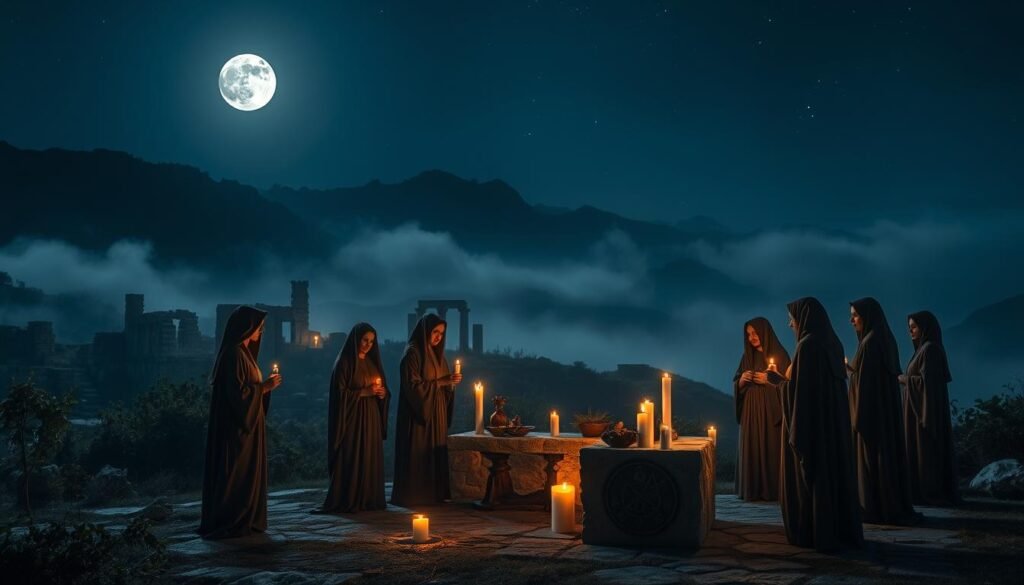A mysterious night scene on the ancient island of Samothrace, showcasing an enchanting ritual. In the foreground, a group of solemn figures clad in flowing, muted robes, holding flickering candles, gathers around a weathered stone altar adorned with symbols of nature. In the middle ground, lush vegetation and ancient ruins slightly illuminated by the moonlight create a mystical atmosphere, enhancing the sense of secrecy. The background features silhouetted mountains against a starry sky, shrouded in fog, contributing to the otherworldly mood. Soft, ethereal light casts gentle shadows, highlighting intricate details of the participants' faces, suggesting a blend of reverence and anticipation. Capture this dramatic moment in a vertical composition, evoking curiosity and intrigue. Include the brand "ezotera.pl" subtly in the scene.