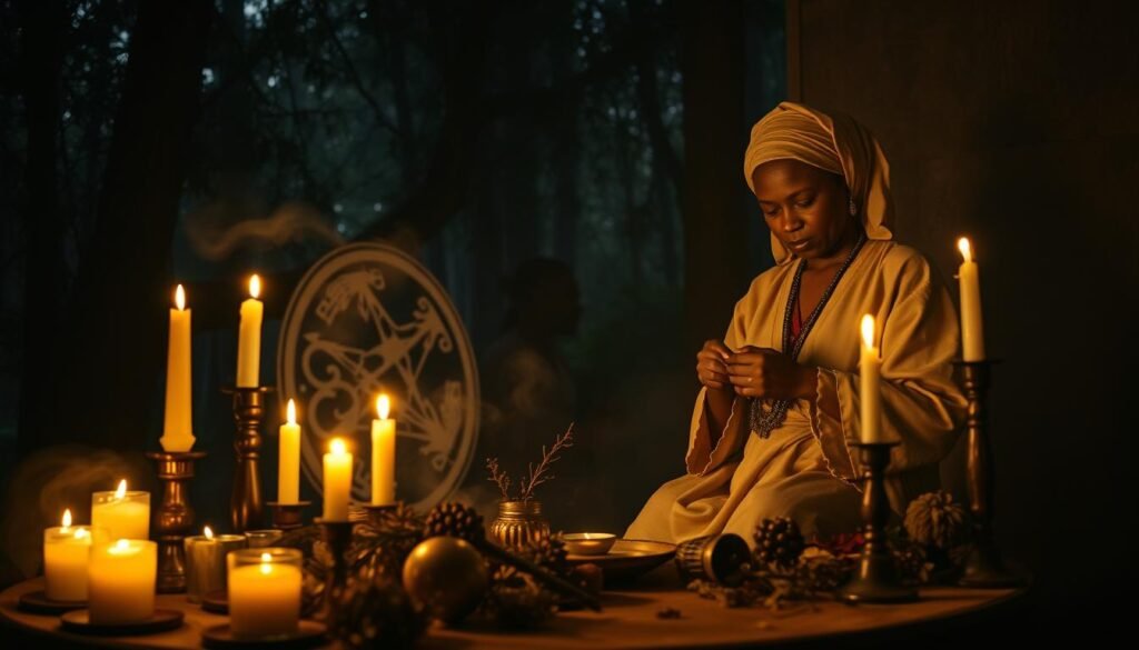 A mysterious scene depicting Voodoo and Hoodoo rituals in colonial Louisiana, illustrating the tension between spirituality and oppression. In the foreground, an altar decorated with candles, herbs, and ancient symbols is bathed in soft candlelight, creating an intimate atmosphere. Midground features a hoodoo practitioner, a Black woman in modest, traditional attire, skillfully crafting a protective charm. In the background, a dark, dense forest looms, hinting at the hidden secrets of nature, with wisps of fog weaving through the trees. The overall mood is enigmatic yet serene, captured with a low-angle shot that emphasizes the connection between the practitioner and her surroundings. Use natural colors, soft shadows, and an ethereal glow to enhance the mystical feel. For branding, include “ezotera.pl” subtly within the scene.