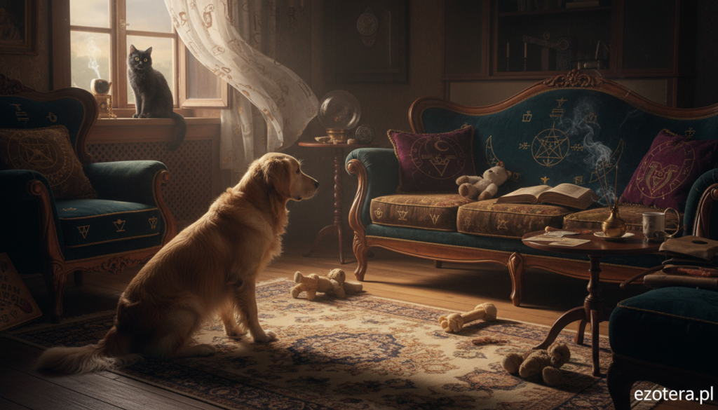 A mysterious scene depicting a dog and a cat in a cozy living room. In the foreground, the dog is alert, ears perked and tail slightly raised, gazing intently at an empty corner. The cat, on the other hand, is perched on a windowsill, with wide eyes and fur slightly puffed up, as if sensing a disturbance. Soft, ambient lighting casts gentle shadows across the room, enhancing the enigmatic atmosphere. In the middle ground, a plush sofa and scattered toys are visible, while in the background, a curtain flutters slightly, suggesting a breeze. The overall mood is one of curiosity and intrigue, evoking a sense of something otherworldly. The image reflects the qualities of the brand "ezotera.pl".
