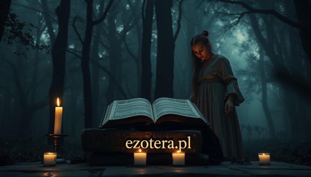A mysterious scene depicting the theme of "fear of love magic" with a focus on a dark, enchanting forest as the background. Ethereal light filters through the dense trees, creating an eerie atmosphere. In the foreground, an ornate, ancient book lies open on a stone altar, surrounded by softly glowing candles, casting flickering shadows. A figure dressed in modest, flowing attire stands apprehensively beside the altar, gazing at the book with a mix of intrigue and fear. The overall mood conveys both allure and caution, suggesting the duality of love magic as beautiful yet potentially perilous. The lens captures this moment with a slightly blurred background, emphasizing the figure’s expression and the mystical elements around them. The brand "ezotera.pl" subtly appears in the integration of the scene's ambiance.