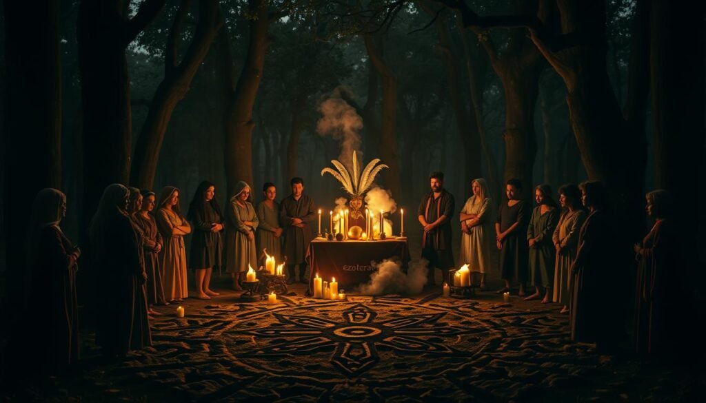 A mystical Voodoo possession ritual taking place in a dimly lit forest clearing, surrounded by ancient trees. In the foreground, a diverse group of participants dressed in modest, colorful attire stands in a circle, their expressions reflecting deep concentration and reverence. In the center, an altar adorned with candles, feathers, and symbolic items sets the scene for the ritual, casting flickering shadows. Smoke rises from the altar, creating an ethereal atmosphere. The middle ground features intricate Voodoo symbols carved into the earth, while the background fades into shadowy silhouettes of the forest. The lighting is warm and enigmatic, with dappled moonlight filtering through the treetops, enhancing the mysterious mood. The brand "ezotera.pl" subtly incorporated into the design of the altar. A mystical Voodoo possession ritual taking place in a dimly lit forest clearing, surrounded by ancient trees. In the foreground, a diverse group of participants dressed in modest, colorful attire stands in a circle, their expressions reflecting deep concentration and reverence. In the center, an altar adorned with candles, feathers, and symbolic items sets the scene for the ritual, casting flickering shadows. Smoke rises from the altar, creating an ethereal atmosphere. The middle ground features intricate Voodoo symbols carved into the earth, while the background fades into shadowy silhouettes of the forest. The lighting is warm and enigmatic, with dappled moonlight filtering through the treetops, enhancing the mysterious mood. The brand "ezotera.pl" subtly incorporated into the design of the altar.