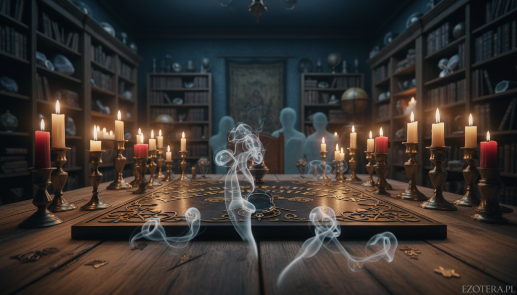 A mystical and atmospheric scene depicting an intricately designed Ouija board placed on an aged wooden table, surrounded by flickering candles casting soft, warm light. In the foreground, delicate wisps of ethereal smoke rise, hinting at the presence of spirits. The middle ground features faint, ghostly silhouettes that evoke mystery and intrigue, blending with the shadows. In the background, dimly lit shelves filled with old books, crystals, and shadowy artifacts enhance the esoteric atmosphere. The mood is both enchanting and slightly eerie, inviting curiosity and wonder. Capture this scene with a cinematic angle, emphasizing depth and the interplay of light and shadow. The image should convey the phenomena of the Ouija board, signifying its connection to the spiritual world, while maintaining a sense of reverence for the subject. Ideal for ezotera.pl.