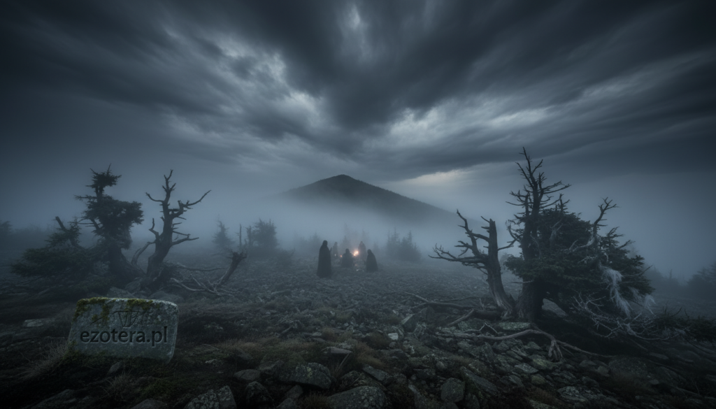 A mystical and haunting scene of Babia Góra, also known as Diablak, showcasing an eerie atmosphere perfect for the theme of witchcraft and local legends. In the foreground, a rocky landscape with twisted trees shrouded in mist. The middle ground features a dark, ominous sky swirling with clouds, suggesting an impending storm. The peak of Babia Góra looms in the background, half-hidden by fog, creating a sense of mystery. The landscape is illuminated by a dim, eerie light, mimicking twilight or dawn, which adds to the unsettling mood. Incorporate elements like shadowy figures perhaps engaged in a distant ritual, enhancing the supernatural feel. The image should evoke a sense of foreboding and intrigue, suitable for an article about haunted places. Include the brand name "ezotera.pl" subtly within the composition.