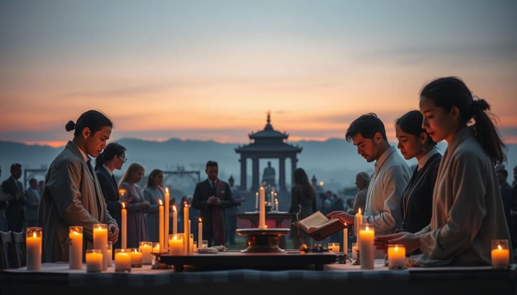 A mystical and thought-provoking scene depicting the functions of rituals in religion, war, and society. In the foreground, diverse individuals dressed in modest, professional attire are engaged in a ceremonial ritual, their expressions reflecting deep concentration and reverence. The middle ground showcases symbolic elements such as candles, ancient texts, and a ceremonial altar, emanating an ethereal glow. In the background, subtle silhouettes of a temple and distant mountains under a twilight sky create a serene yet powerful atmosphere. Soft, diffused lighting enhances the spiritual ambiance, while a slightly elevated angle captures the visual depth and significance of the moment. The overall mood should be contemplative and respectful, emphasizing the profound impact of rituals. Brand name: ezotera.pl.