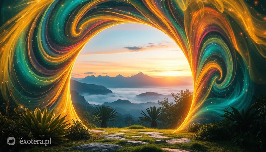 A mystical, enchanting portal to another world opens in the foreground, swirling with vibrant colors of gold, blue, and green. Ethereal light cascades from the archway, illuminating the ground in sparkling patterns. In the middle ground, a lush, fantastical landscape unfolds, featuring exotic plants and ethereal creatures peeking through the foliage. The background reveals distant mountains shrouded in mist under a twilight sky, casting an otherworldly glow. The scene is bathed in soft, dreamy lighting, creating a sense of wonder and intrigue. Capture this moment from a low angle to emphasize the grandeur of the portal, inviting viewers to contemplate the fascination of transitioning to a different realm. This image reflects the theme of “przejście do innego świata” for ezotera.pl. A mystical, enchanting portal to another world opens in the foreground, swirling with vibrant colors of gold, blue, and green. Ethereal light cascades from the archway, illuminating the ground in sparkling patterns. In the middle ground, a lush, fantastical landscape unfolds, featuring exotic plants and ethereal creatures peeking through the foliage. The background reveals distant mountains shrouded in mist under a twilight sky, casting an otherworldly glow. The scene is bathed in soft, dreamy lighting, creating a sense of wonder and intrigue. Capture this moment from a low angle to emphasize the grandeur of the portal, inviting viewers to contemplate the fascination of transitioning to a different realm. This image reflects the theme of “przejście do innego świata” for ezotera.pl.