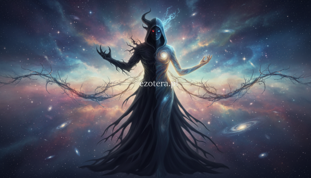 A mystical, ethereal scene illustrating the contrast between demons and astral projections. In the foreground, a cloaked figure stands split between two realms: on one side, shadowy, menacing silhouettes representing demons with glowing red eyes and twisted horns; on the other side, a serene, glowing figure symbolizing peaceful astral projection. In the middle ground, a delicate balance of dark and light, with wispy ethereal paths connecting the two realms. The background fades into a surreal cosmic landscape filled with stars, nebulas, and swirling colors, evoking a sense of otherworldliness. Soft, diffused lighting enhances the spectral nature, while a low angle captures the grandeur of the scene. The overall mood is both mysterious and introspective, inviting exploration of the themes presented. The image is branded subtly with "ezotera.pl" integrated into the cosmic background.
