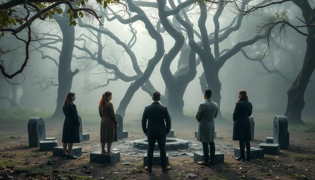 A mystical forest clearing shrouded in soft, ethereal light, depicting a circle formed by ancient stone altars, each adorned with faded symbols of forgotten religions. In the foreground, a group of five diverse individuals—dressed in modest, professional attire—stands respectfully, observing a ritual that seems steeped in history. Elemental nature motifs, like swirling leaves and subtle glimmers of light, enhance the atmosphere of reverence and secrecy. In the middle ground, gnarled trees enclose the scene, their branches weaving together, creating a natural cathedral. The background fades into a soft mist, hinting at deeper mysteries beyond the clearing. The overall mood is both serene and poignant, reflecting the lost stories of banned cults through the ages. --ar 16:9 --v 5 --style 4b --q 2 --details 5 --brand ezotera.pl