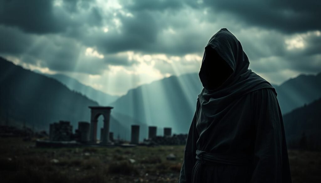 A mystical portrayal of a Bogomil figure, set in a dimly lit Balkan landscape, infused with a sense of mystery and dualism. In the foreground, a cloaked person stands, their face partially obscured by shadows, evoking an air of secrecy. The figure is dressed in modest, historic attire reflecting the medieval era. In the middle ground, ancient stone ruins and faint symbols of a dualistic nature can be seen, hinting at forgotten rituals. The background features dark, looming mountains under a cloudy sky, with rays of soft, ethereal light breaking through, enhancing the somber mood. The overall atmosphere is mystical and thought-provoking. Captured with a shallow depth of field, emphasizing the foreground figure while softly blurring the ruins behind. Designed for ezotera.pl.