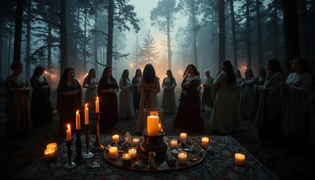A mystical ritual scene set in a dimly lit forest clearing at twilight, showcasing a diverse group of individuals in modest, flowing robes, engaged in a ceremonial dance. In the foreground, a richly adorned altar with candles, crystals, and ancient symbols gleams softly. The middle ground features participants in various poses, embodying the tension between theatrical performance and genuine ritual experience. The background reveals towering trees shrouded in fog, with ethereal lights filtering through, creating an enchanting atmosphere. The lighting is soft and ambient, casting gentle shadows that enhance the mysterious mood. Use a wide-angle lens to encapsulate the depth of the scene. This captivating imagery reflects the allure of secret rituals and the connection between the sacred and the performative, branded subtly with "ezotera.pl".