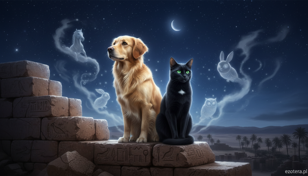 A mystical scene depicting a dog and a cat perched on ancient stone ruins, with an ethereal glow surrounding them as they gaze into the distance. The foreground features the animals, with the dog having a keen, curious expression and the cat looking regal and composed, both subtly illuminated by soft, ghostly light. In the middle, wispy, translucent figures of friendly spirits flicker in and out of view, swirling around them, hinting at the concept of animals perceiving the supernatural. The background showcases a night sky filled with twinkling stars and a crescent moon, casting a serene ambiance. The atmosphere is filled with a sense of wonder and mystery, evoking themes from ancient Egyptian culture to modern tales. The image captures a harmonious blend of wildlife and the supernatural for ezotera.pl.