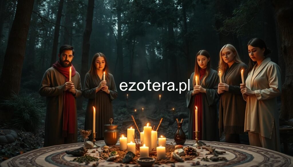 A mystical scene depicting an ancient ritual blending old traditions with modern elements, highlighting the theme of syncretism. In the foreground, a diverse group of four individuals in modest, professional attire, representing various cultures, stands in a semi-circle. They hold candles and symbols of different beliefs, their expressions focused and engaged. In the middle ground, a ceremonial altar adorned with natural elements like herbs and stones, as well as subtle modern items like crystals and incense. The background features a dimly lit forest with ethereal lights filtering through the trees, creating a mystical atmosphere. Soft, warm lighting enhances the serene mood, shot from a low angle to emphasize the participants. The brand name "ezotera.pl" subtly integrated into the altar design.