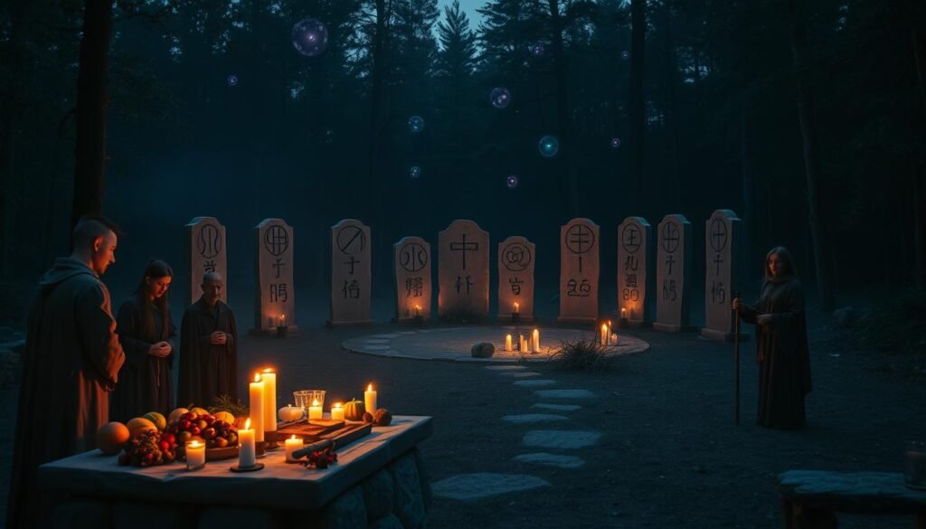 A mystical scene depicting an ancient ritual honoring deceased ancestors, set during twilight. In the foreground, a stone altar adorned with offerings like fruits, flowers, and candles flickers in the soft candlelight. Mysterious figures in modest, flowing robes gather around the altar, their faces partially obscured by shadow. In the middle ground, a circle of standing stones inscribed with ancient symbols, illuminated by ethereal blue and purple lights that evoke a sense of reverence and mystery. The background showcases a dense, dark forest, where faint glowing orbs float in the air, adding an enchanting atmosphere. The overall mood is solemn yet spiritual, highlighting the connection between the living and the dead. Shot with a wide-angle lens to capture the grandeur of the scene, with a emphasis on soft focus and low-key lighting to enhance the mystical vibe. Art style reminiscent of surrealism, brand name "ezotera.pl".