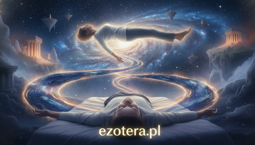 A mystical scene depicting astral projection, where a person in modest casual clothing is floating above their physical body, surrounded by ethereal light and a soft, glowing aura. In the foreground, the person's serene expression captures a sense of peace and enlightenment. The middle ground features a gently swirling, colorful energy pattern, representing the astral plane with hints of blues, purples, and golds. In the background, a starry night sky merges with dreamlike landscapes, adding depth and fascination. The lighting should be soft and ambient, casting a magical glow throughout the composition. The overall mood is tranquil and introspective, evoking a sense of wonder about the nature of consciousness and existence. This artwork is for ezotera.pl.