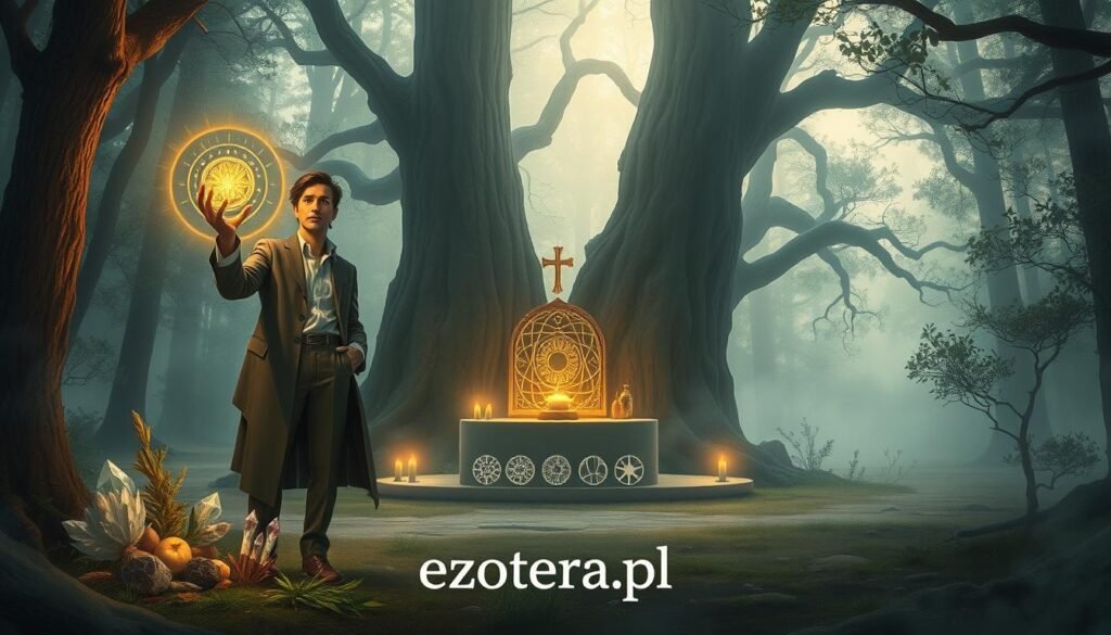 A mystical scene depicting protective rituals in a serene forest clearing. In the foreground, a figure dressed in modest, professional clothing holds a glowing talisman, surrounded by natural elements such as herbs and crystals that represent safety and strength. The middle ground features a softly illuminated altar adorned with symbols of protection, while gentle light filters through the trees, casting a warm glow on the scene. The background reveals ancient trees shrouded in mist, creating a sense of deep connection with nature and the spiritual. The atmosphere is calm yet powerful, evoking feelings of safety and tranquility. The style is rich and detailed, reminiscent of a fantasy illustration. The brand name "ezotera.pl" subtly incorporated into the base of the altar, enhancing the thematic essence.
