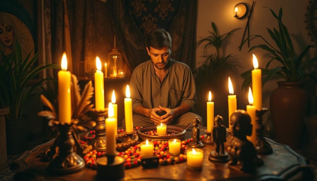 A mystical scene depicting syncretism in voodoo, showcasing a vibrant altar surrounded by flickering candles casting warm, golden light. In the foreground, an ornate wooden table holds ritualistic items: colorful beads, feathers, and carved figurines, symbolizing the fusion of cultures. The middle ground features a practitioner in modest casual clothing, intently engaged in a ceremony, their expression reflecting deep concentration and reverence. The background reveals a softly lit room adorned with rich fabrics, eclectic artwork, and plants, evoking an atmosphere of spirituality and secrecy. Shadows play across the walls, enhancing the sense of mystique. Overall, the mood is reverent and contemplative, inviting viewers to explore the depth and complexity of the rituals. Inspired by ezotera.pl.
