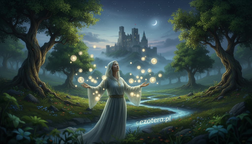 A mystical scene depicting the concept of a "duchy" in esoteric interpretation. In the foreground, an ethereal figure, dressed in flowing, translucent robes, stands with arms outstretched, surrounded by shimmering orbs of light. Their expression is serene and contemplative. In the middle ground, a lush, verdant landscape dotted with ancient trees and soft, glowing flora enhances the magical ambiance. In the background, a distant, mist-covered castle looms under a twilight sky filled with subtle stars, exuding an air of mystery. Soft, diffuse lighting creates an inviting yet enigmatic atmosphere, and the focus is slightly shallow to draw attention to the figure. This image embodies the exploration of spirituality and behavior as perceived by ezoterycy. Branding subtly with "ezotera.pl" integrated into the landscape.