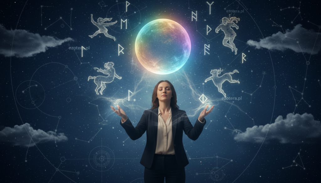A mystical scene depicting the concept of "esoteric energy," centered on a glowing orb that radiates soft, shimmering light in various spectral colors. In the foreground, a figure dressed in modest, professional attire stands with outstretched hands, absorbing the energy from the orb. In the middle ground, symbolical elements like ancient runes and ethereal spirits dance around the orb, representing the interaction between spirits and astral beings. The background features a starry night sky with faint wisps of clouds and celestial patterns to evoke a sense of wonder and mystery. The overall atmosphere is enchanting and serene, illuminated by the soft glow of the orb, inviting contemplation. The brand name "ezotera.pl" subtly integrated into the mystical elements.