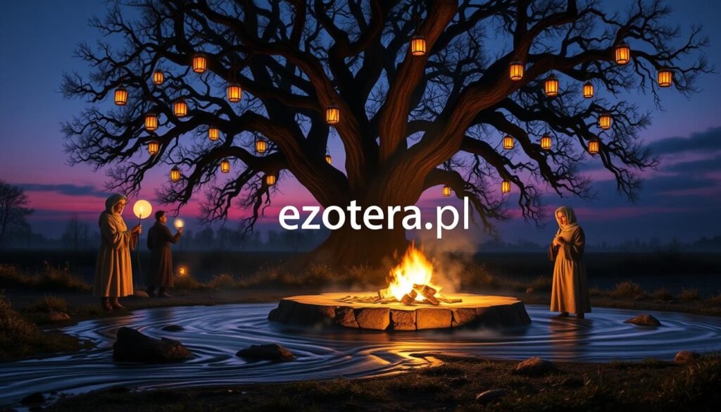 A mystical scene depicting the ritual of "rok obrzędowy ogniska wody zmarłych," set against a serene twilight backdrop. In the foreground, a gentle, flickering bonfire with glowing embers illuminates a stone altar surrounded by soft, flowing water, symbolizing the connection between life and the afterlife. Ethereal figures dressed in modest, historical attire perform traditional rituals, their expressions a mix of reverence and contemplation. In the middle ground, silhouettes of ancient trees frame the scene, their branches adorned with softly glowing lanterns that reflect in the water. The sky transitions from deep indigo to soft purples, enhancing the mystical ambiance. The lighting is warm and inviting, evoking a sense of peace and respect for the spirits. The overall mood is one of serene reverence, honoring old customs as they transform over time. The brand name "ezotera.pl" subtly integrated into the atmosphere.