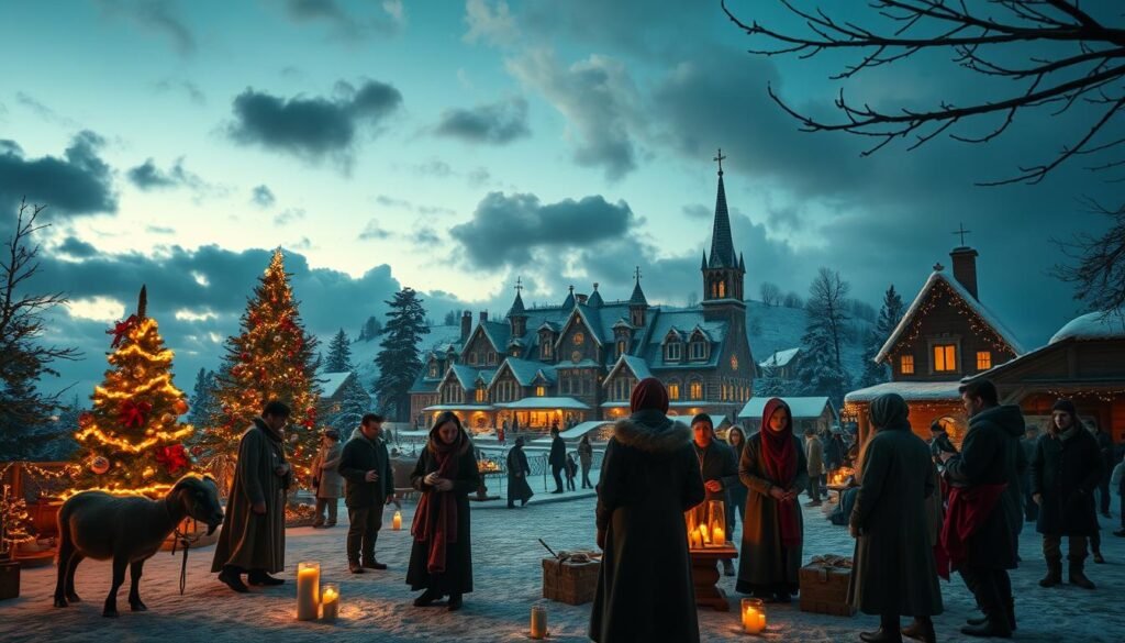 A mystical scene depicting various Christmas traditions from around the world, emphasizing unusual and forbidden rituals. In the foreground, a diverse group of people in modest casual clothing engages in a unique holiday ceremony, showcasing elements from different cultures, such as a Yule goat, a Christmas witch, and unique seasonal foods. In the middle ground, a snow-covered village with twinkling lights, adorned Christmas trees, and traditional decorations creates a warm and inviting atmosphere. The background features a twilight sky, casting a soft glow, with ethereal clouds adding an air of mystery. The scene should evoke a sense of wonder and intrigue, with a focus on the interplay of light and shadow, using a slightly elevated angle for depth. Ensure to include subtle branding elements of "ezotera.pl" in the decorations without being overt.
