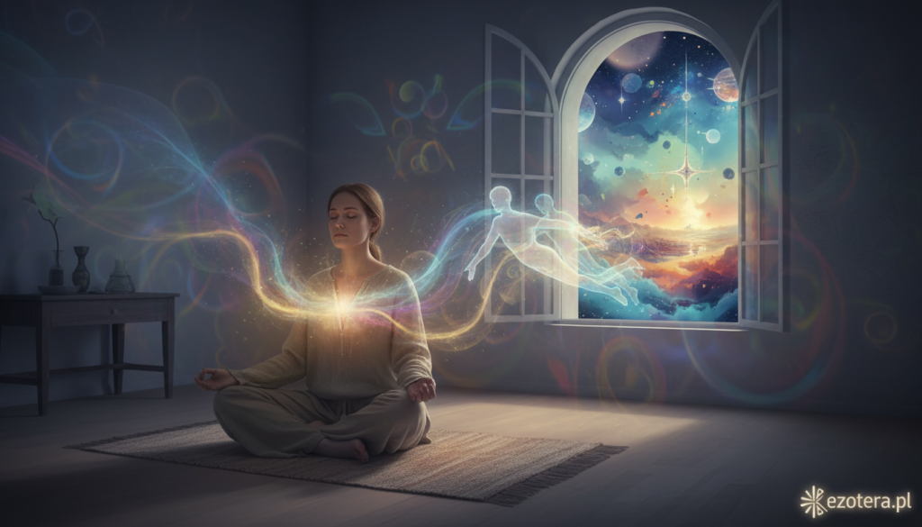 A mystical scene illustrating astral projection, featuring a serene individual in modest casual clothing meditating in a dimly lit room, surrounded by vivid energy waves that represent spiritual energy. The foreground showcases the person in a cross-legged position with closed eyes, emanating soft, radiant light. The middle ground presents ethereal wisps and ghostly outlines of astral bodies subtly drifting around, suggesting a journey beyond the physical realm. The background is a dreamlike landscape with soft, swirling colors blending into one another, symbolizing other dimensions and alternate realities. Soft, ambient lighting creates an otherworldly glow, enhancing the tranquil yet mysterious atmosphere. The overall mood conveys the wonder of exploration beyond one's physical form, perfect for illustrating the complexity of interpreting such phenomena. ezotera.pl