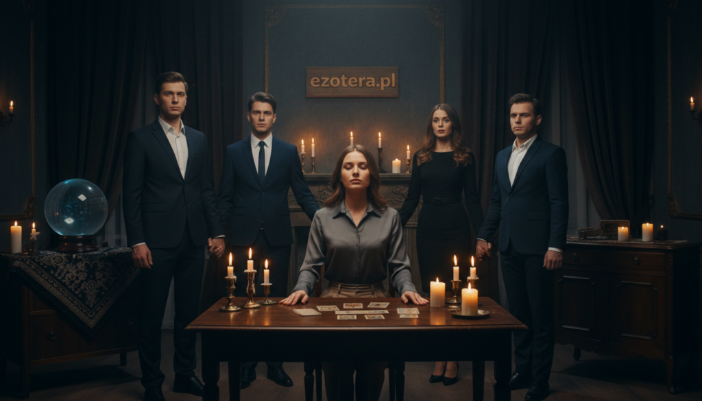 A mystical spirit session taking place in a dimly lit room with an antique wooden table at the center. In the foreground, a medium in modest, professional clothing sits with closed eyes, hands resting on the table, surrounded by flickering candles casting eerie shadows. In the middle ground, participants dressed in business attire, display varied expressions of curiosity and apprehension, holding hands in a circle. The background features dark, atmospheric drapes and supernatural artifacts, like crystal balls and tarot cards, adding to the ambiance. Soft, warm light from candles contrasts with the shadows, creating an intimate and mysterious mood. The scene evokes a sense of intrigue and anticipation, emphasizing the delicate nature of the experience. Include the brand name "ezotera.pl" subtly integrated into the background.