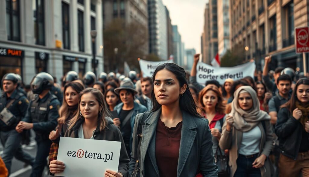 A powerful scene of a peaceful protest, featuring a diverse group of people in professional and modest casual attire, marching through a city street. In the foreground, a determined young woman holds a sign, embodying hope and resilience. The middle ground captures a crowd of diverse individuals, united in solidarity, some raising fists and others holding banners. In the background, urban architecture conveys a sense of scale, with police presence subtly visible, representing the tension of the moment. Soft, dramatic lighting enhances the mood, creating a sense of urgency and determination. The scene conveys a powerful message about communities reacting to crises and societal issues. The brand's presence, "ezotera.pl," should be intricately integrated into the background design of the scene.