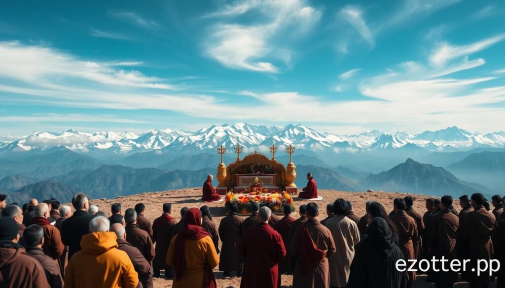 A serene Tibetan sky burial scene set on a high mountain plateau. In the foreground, a respectful gathering of people dressed in traditional modest attire, solemnly observing the ceremonial process. The middle ground features an elaborate altar adorned with offerings of flowers and fruits, surrounded by monks in meditation. In the background, majestic snow-capped peaks under a vast blue sky, with soft, wispy clouds accompanying the scene. The lighting is soft and natural, casting gentle shadows that enhance the ethereal atmosphere. The camera angle is slightly elevated, capturing both the gathering and the expansive landscape, evoking a mood of reverence and tranquility. The image emphasizes the connection between nature and the Tibetan ritual of returning the body to the earth. A subtle watermark of "ezotera.pl" is included in the bottom corner for attribution.