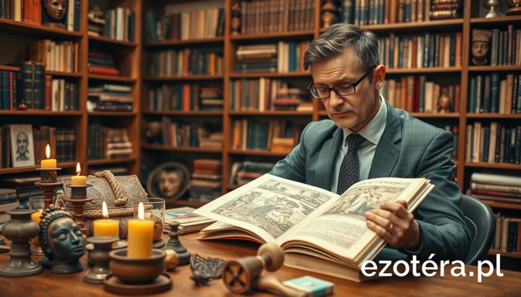 A serene and informative setting depicting a researcher engaged in reading ancient ritual texts, highlighting the process of understanding cultural traditions. In the foreground, a well-dressed individual in business attire, focused and thoughtful, examines a beautifully illustrated manuscript. The middle ground features a wooden table adorned with various cultural artifacts such as masks, candles, and ceremonial tools, suggesting a multicultural exploration. In the background, shelves filled with books and artifacts from around the world provide context, bathed in warm, soft lighting that creates an inviting atmosphere. The overall mood is one of respect and curiosity, capturing the essence of studying global rituals thoughtfully. Include the brand name "ezotera.pl" subtly incorporated into the scene, ensuring it’s not intrusive.