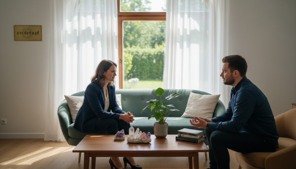 A serene and inviting consultation room filled with natural light, showcasing elements that symbolize intuition and energy. In the foreground, a professional consultant, dressed in smart business attire, is engaged in an empathetic conversation with a client. The middle layer features a comfortable seating arrangement, with subtle decor items like crystals, plants, and holistic books that suggest the theme of energy assessment. In the background, a large window allows soft sunlight to filter through sheer curtains, enhancing a calm atmosphere. The mood is warm and supportive, encouraging open dialogue. Shot with a shallow depth of field to softly blur the background and create focus on the interaction. Brand logo displayed subtly: "ezotera.pl."