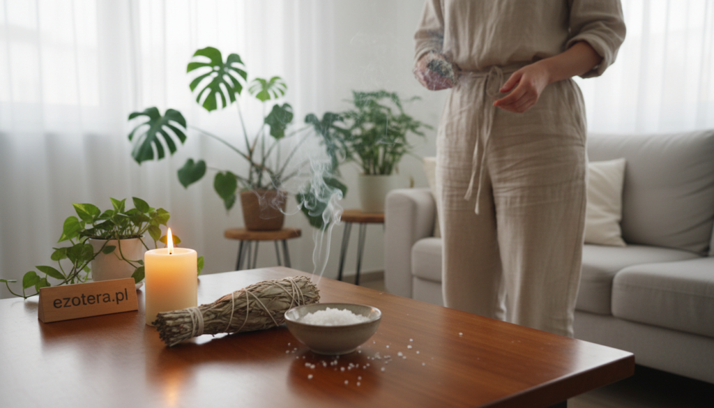 A serene and inviting home interior, showcasing a ritual of cleansing with sage and salt. In the foreground, a beautiful wooden table holds a bundle of dried sage and a small bowl of coarse salt, next to a lit candle casting soft, warm light. The middle ground features a person in modest, comfortable clothing, gently wafting the sage smoke around the room, creating a sense of focus and tranquility. The background displays a cozy living area with plants and natural light filtering through sheer curtains, enhancing the ethereal atmosphere. The overall mood is calm and peaceful, evoking a sense of purification and mindfulness. Capture this imagery with soft, diffused lighting to emphasize the warmth and serenity of the scene. Brand name: ezotera.pl.
