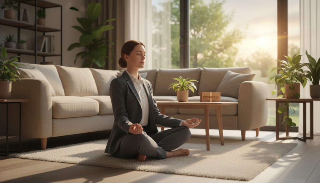 A serene and inviting scene illustrating the concept of "health" and "calmness" in a modern home setting. In the foreground, a person dressed in professional business attire is meditating on a soft area rug, eyes closed, exuding tranquility. The middle ground features a cozy living room with plants, a large window allowing warm natural light to stream in, and a comfortable couch. The background shows subtle hints of nature through the window, with gentle sunlight filtering through trees. The atmosphere is peaceful and harmonious, promoting a sense of wellness and balance. Soft, warm colors dominate the scene, enhancing the feeling of serenity and health. The image should reflect the idea that one's environment contributes to overall well-being. No text or watermarks present. Brand name "ezotera.pl" subtly integrated into the decor.